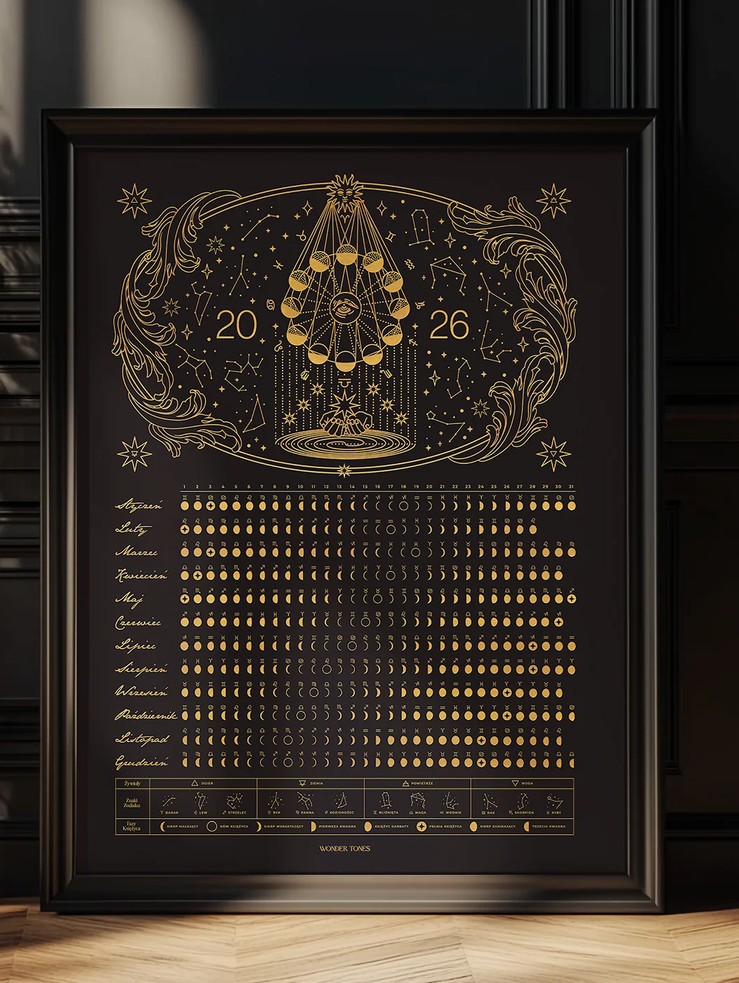 Astrologiczny Kalendarz Księżycowy 2026 Black Plakat 40x50cm